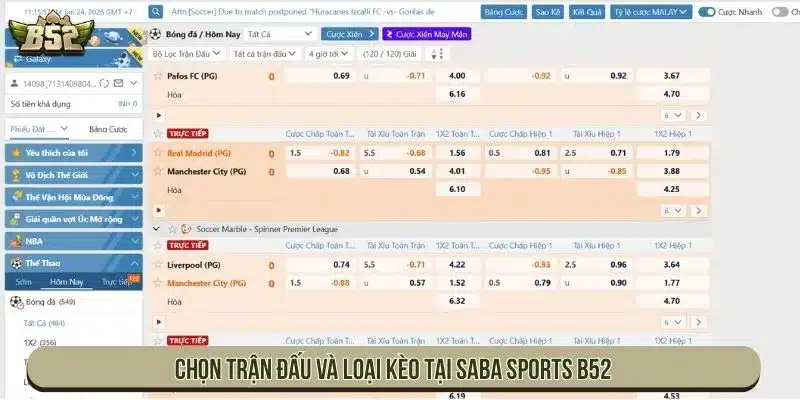 Chọn trận đấu và loại kèo tại Saba Sports B52