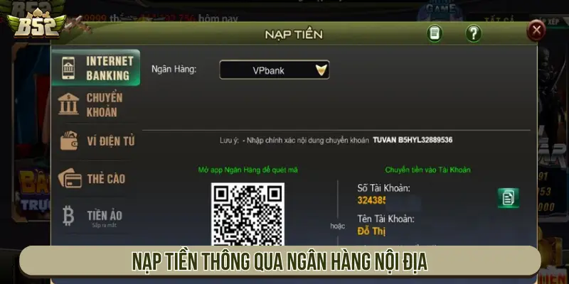 Nạp tiền thông qua ngân hàng nội địa