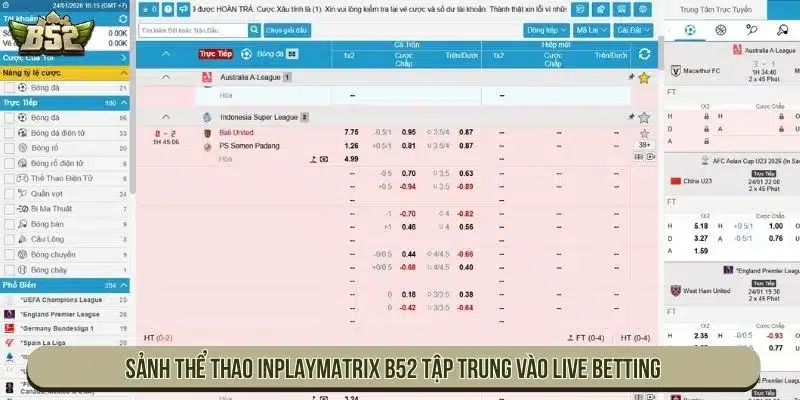 Sảnh Thể thao Inplaymatrix B52 tập trung vào live betting